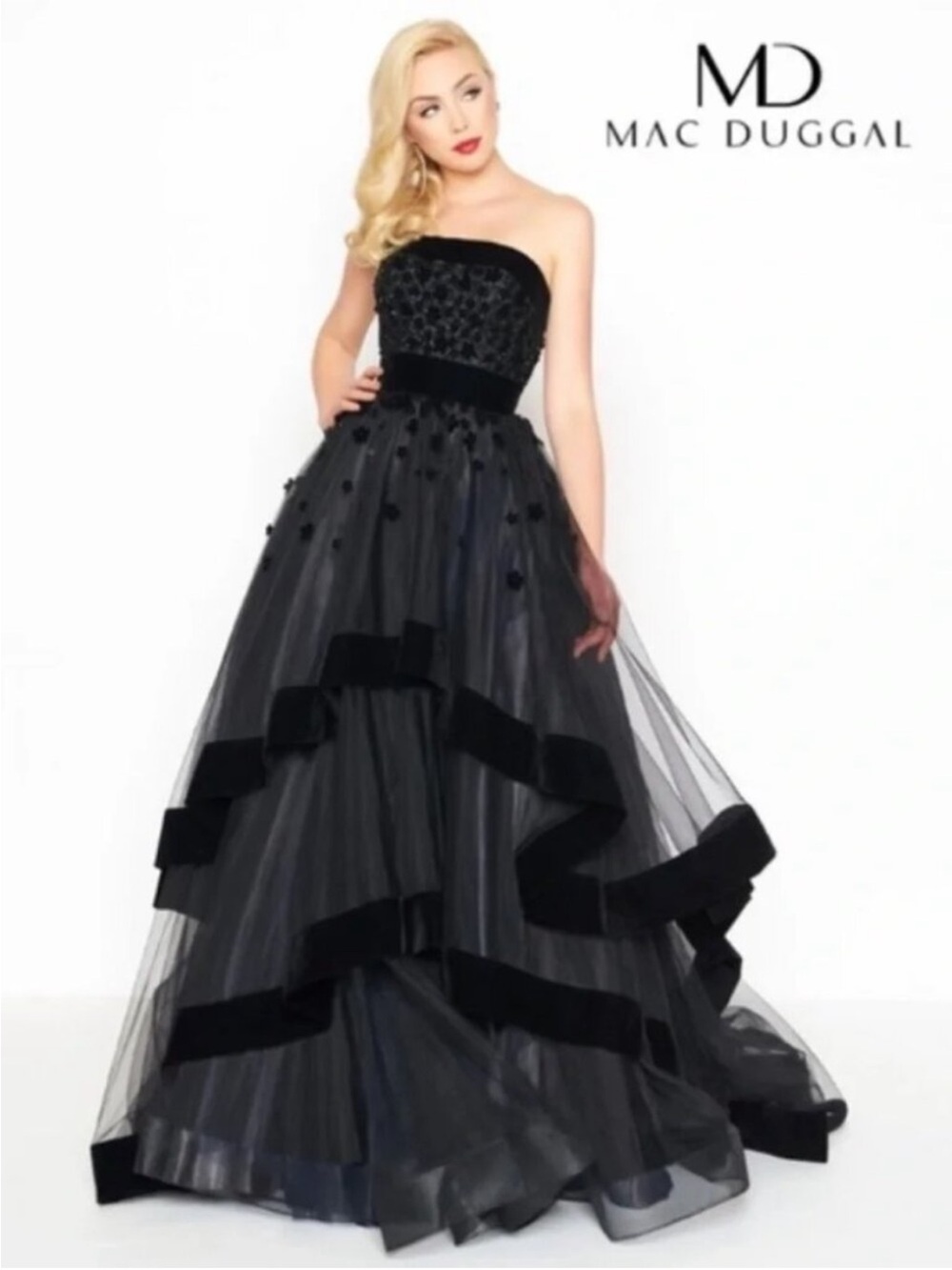 Mac Duggal Strapless Black Tulle Ball Gown with Velvet Trim